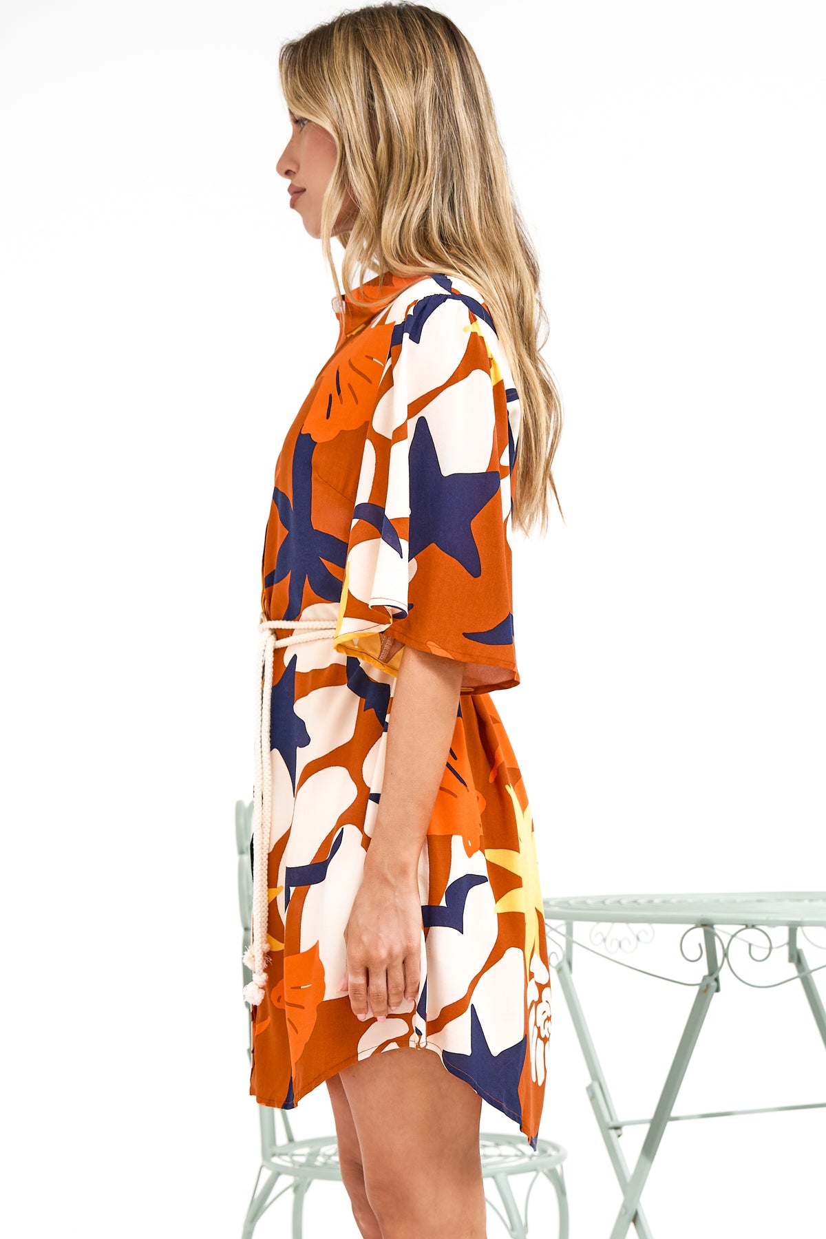 Catalina Mini Dress - Shirt Dress with Bell Sleeves and Rope Belt in Simba Print