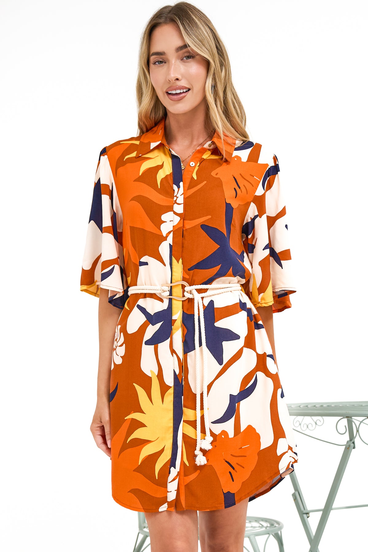 Catalina Mini Dress - Shirt Dress with Bell Sleeves and Rope Belt in Simba Print