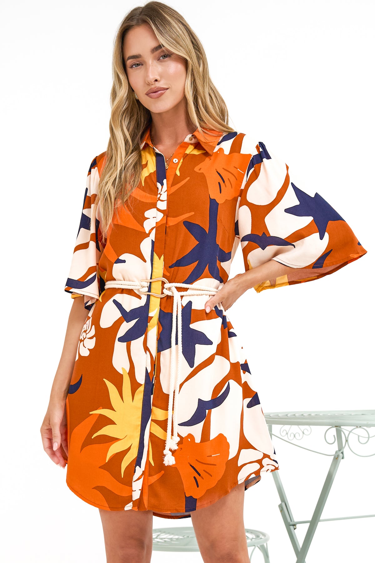 Catalina Mini Dress - Shirt Dress with Bell Sleeves and Rope Belt in Simba Print