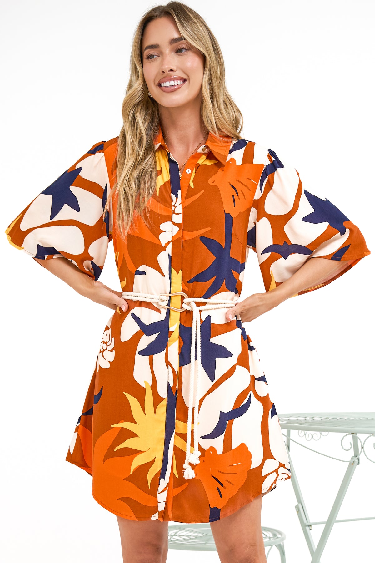 Catalina Mini Dress - Shirt Dress with Bell Sleeves and Rope Belt in Simba Print