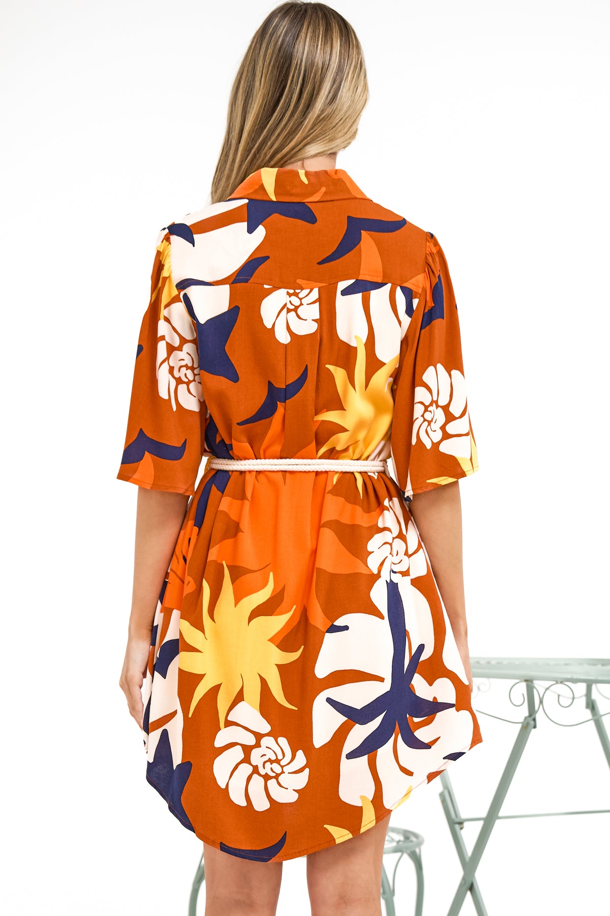 Catalina Mini Dress - Shirt Dress with Bell Sleeves and Rope Belt in Simba Print