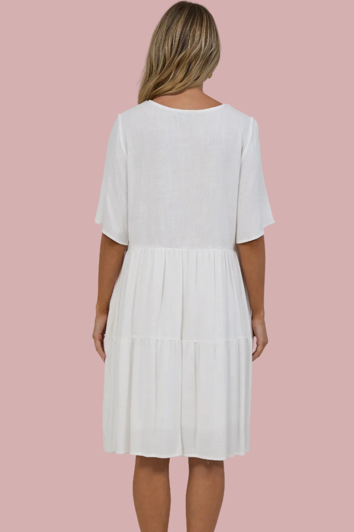 Zadie Mini Dress - V Neck Front Button Placket Dress with Flutter Sleeves in White