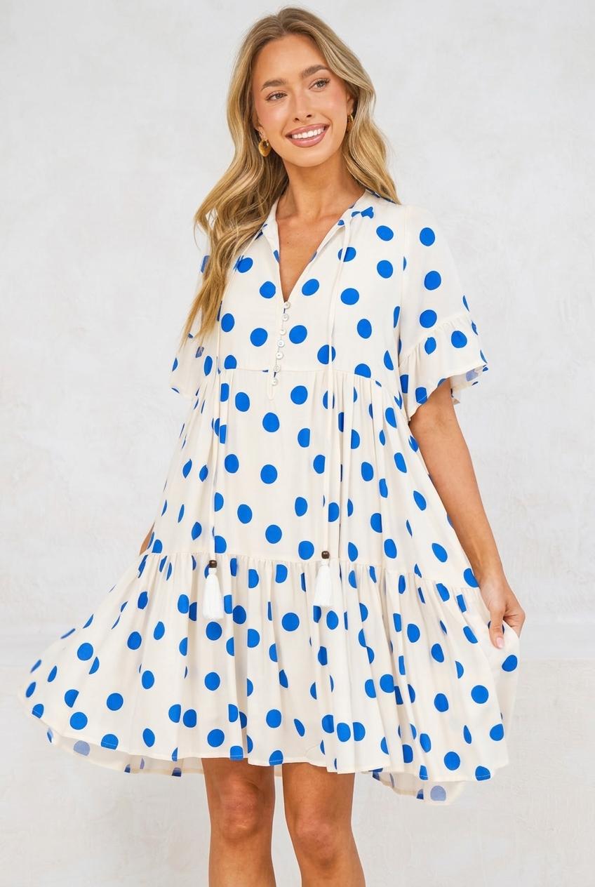 Abilia Mini Dress - Mandarin Collar Smock Dress in Connie Print Cream/Blue