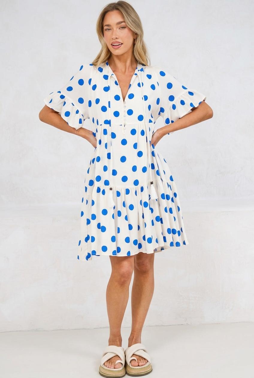 Abilia Mini Dress - Mandarin Collar Smock Dress in Connie Print Cream/Blue