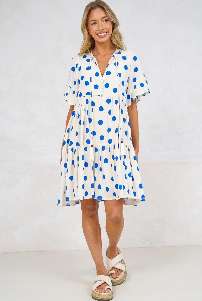 Abilia Mini Dress - Mandarin Collar Smock Dress in Connie Print Cream/Blue