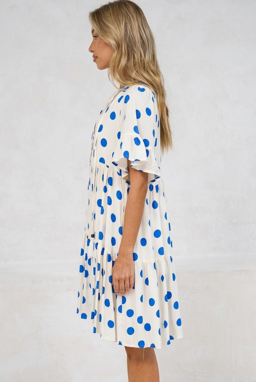 Abilia Mini Dress - Mandarin Collar Smock Dress in Connie Print Cream/Blue