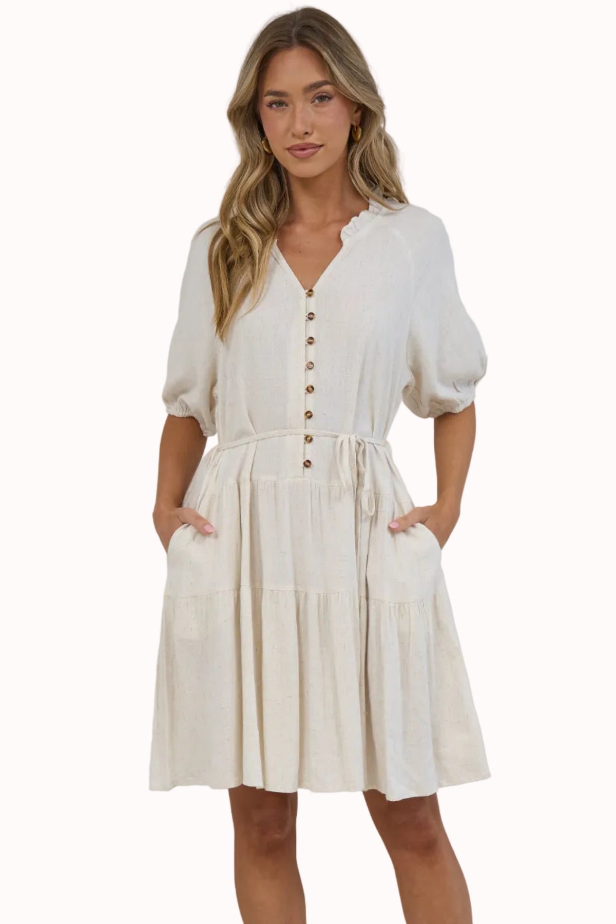 Romie Mini Dress - Frill Collar V Neck Dress with Matching Waist Tie in Beige