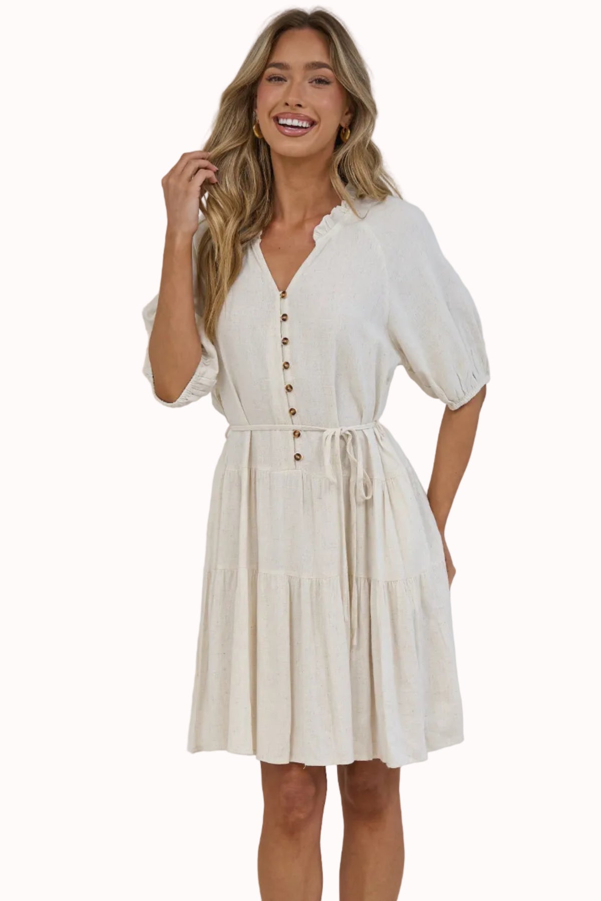 Romie Mini Dress - Frill Collar V Neck Dress with Matching Waist Tie in Beige
