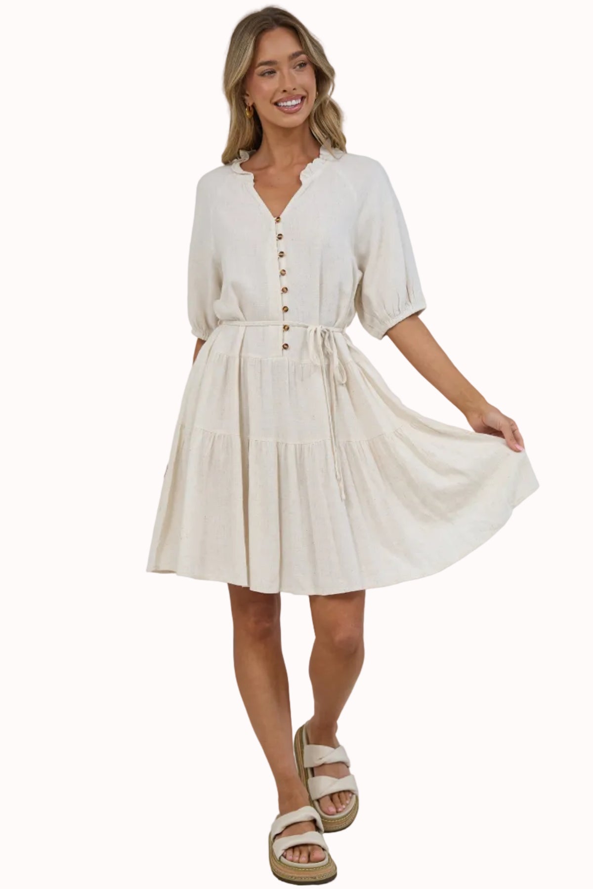 Romie Mini Dress - Frill Collar V Neck Dress with Matching Waist Tie in Beige