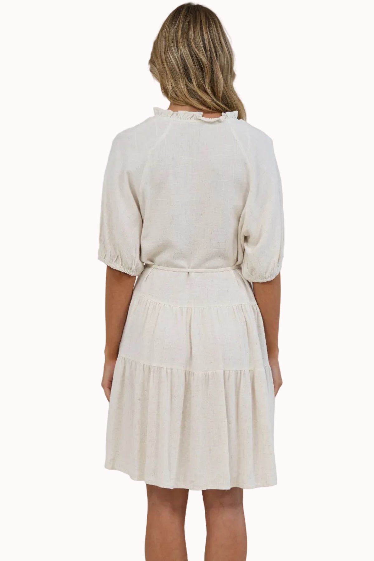 Romie Mini Dress - Frill Collar V Neck Dress with Matching Waist Tie in Beige