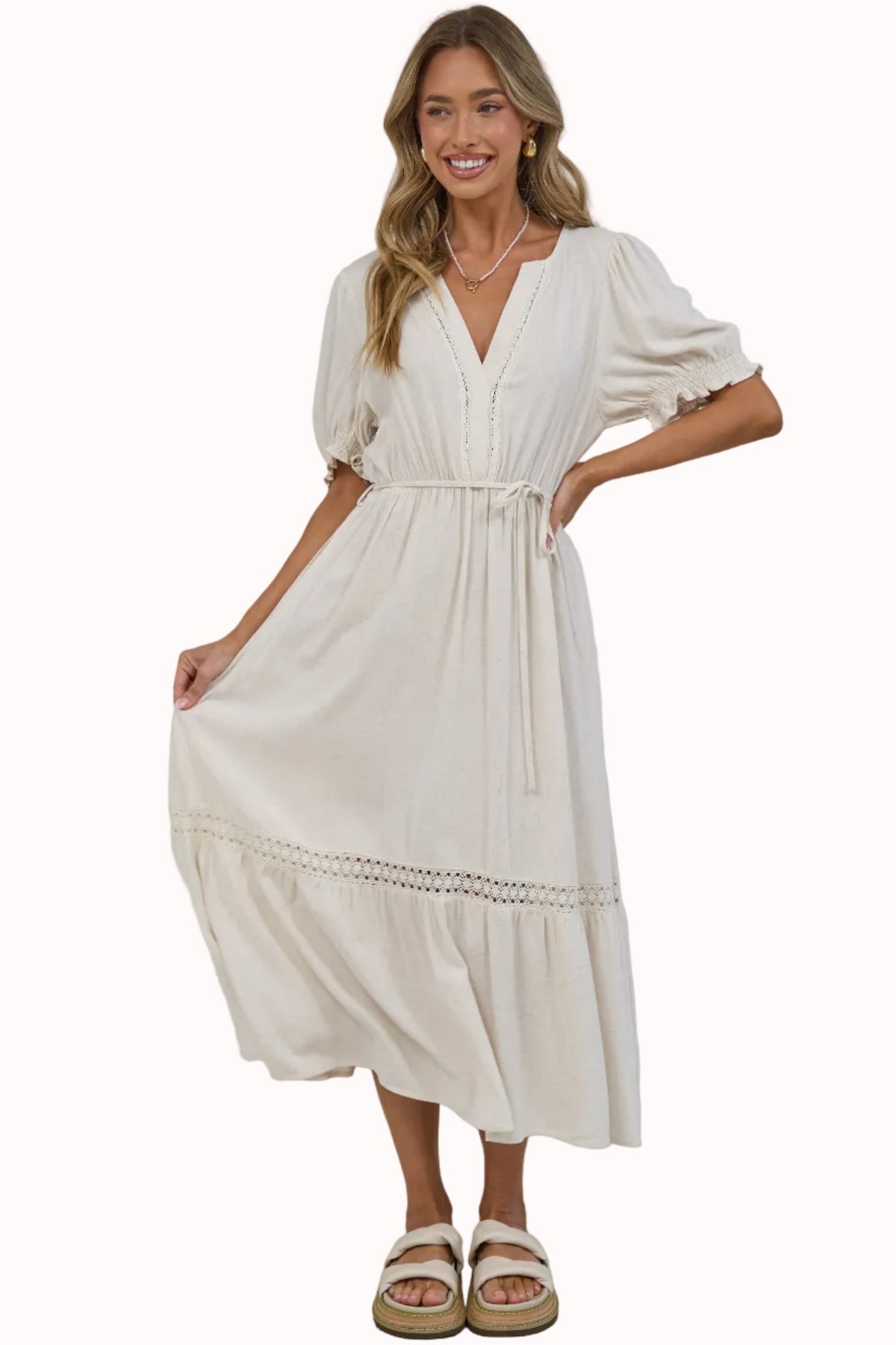 Tilly Midi Dress - Split Collar A Line Dress with Lace Inserts and Short Balloon Sleeves in Beige