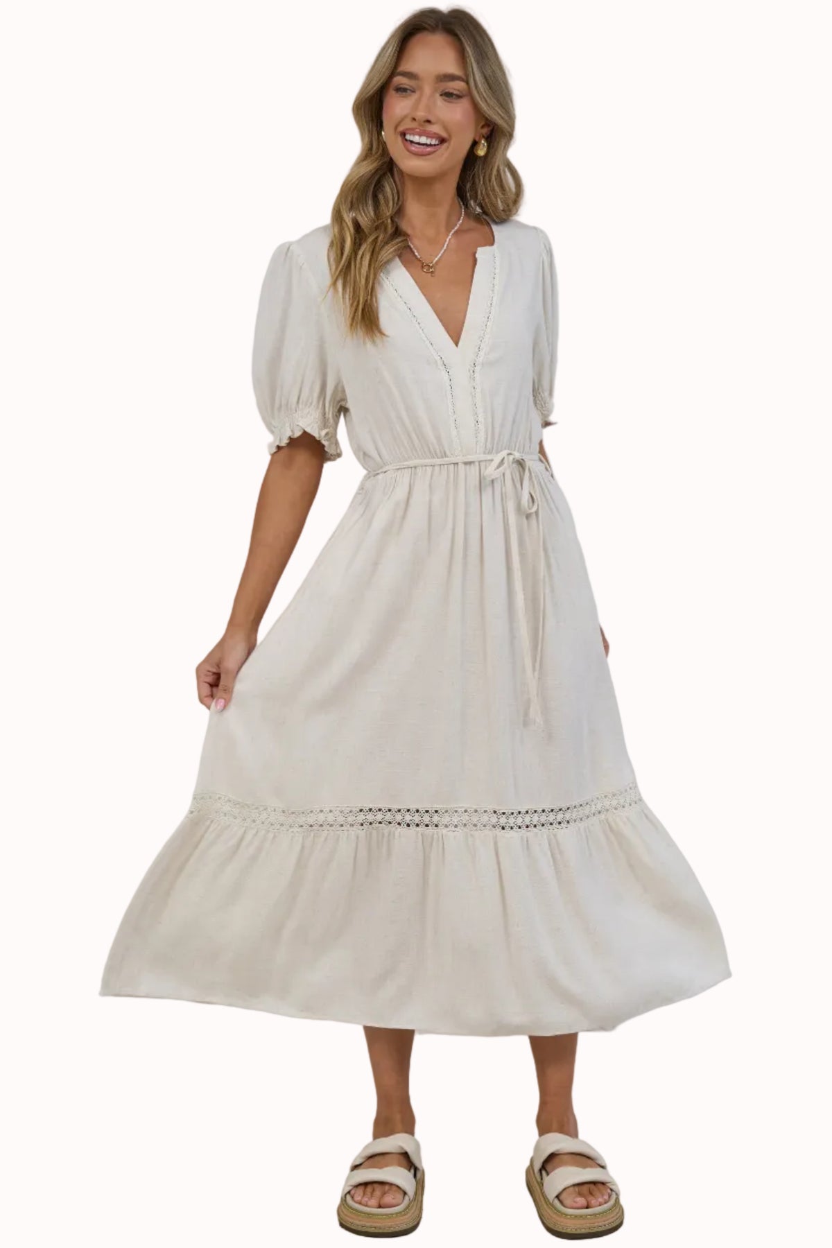 Tilly Midi Dress - Split Collar A Line Dress with Lace Inserts and Short Balloon Sleeves in Beige
