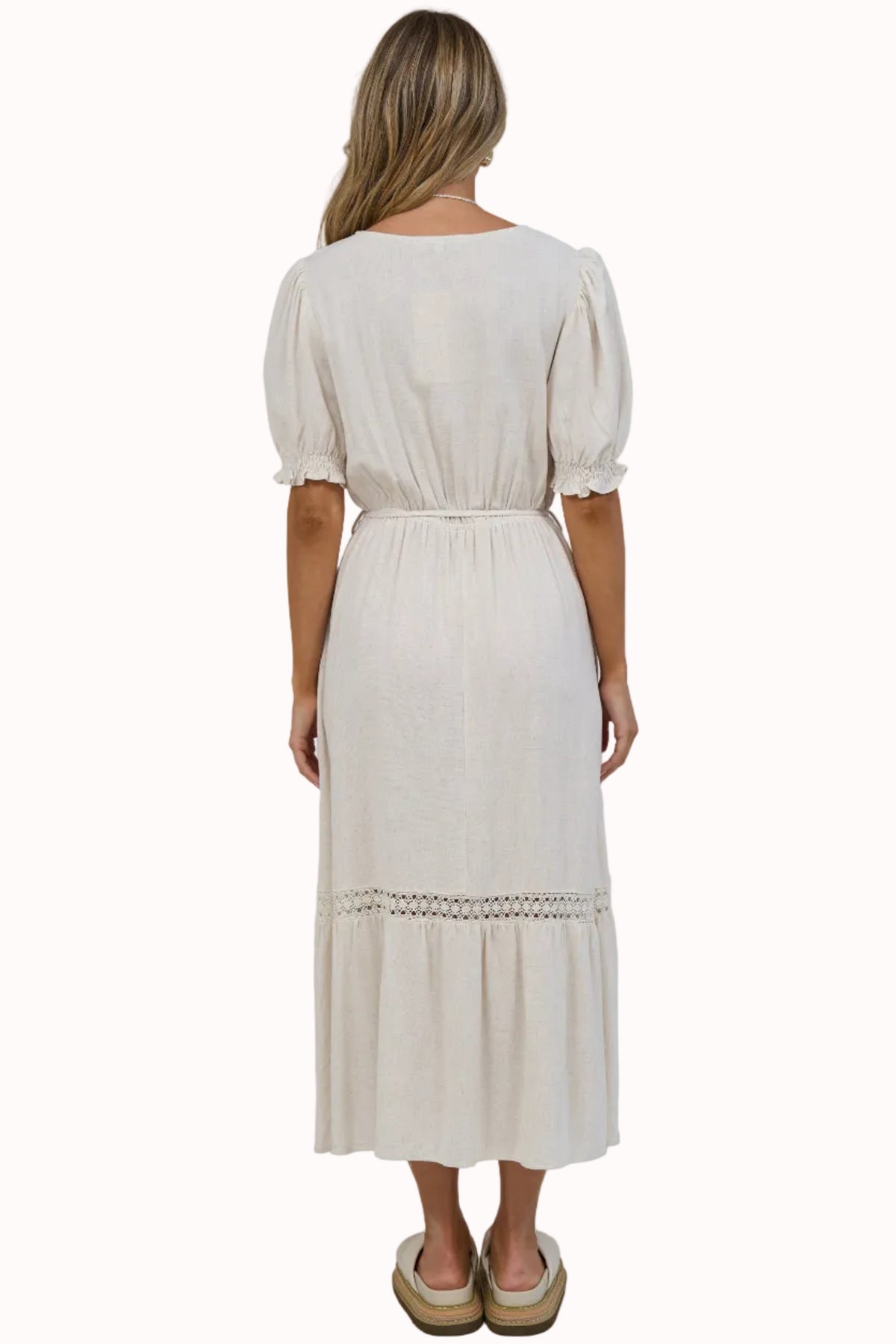 Tilly Midi Dress - Split Collar A Line Dress with Lace Inserts and Short Balloon Sleeves in Beige