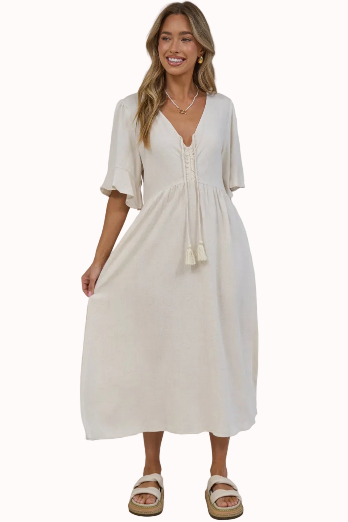 Victoria Midi Dress - V Neck Flutter Sleeve A Line Dress with Pockets in Beige