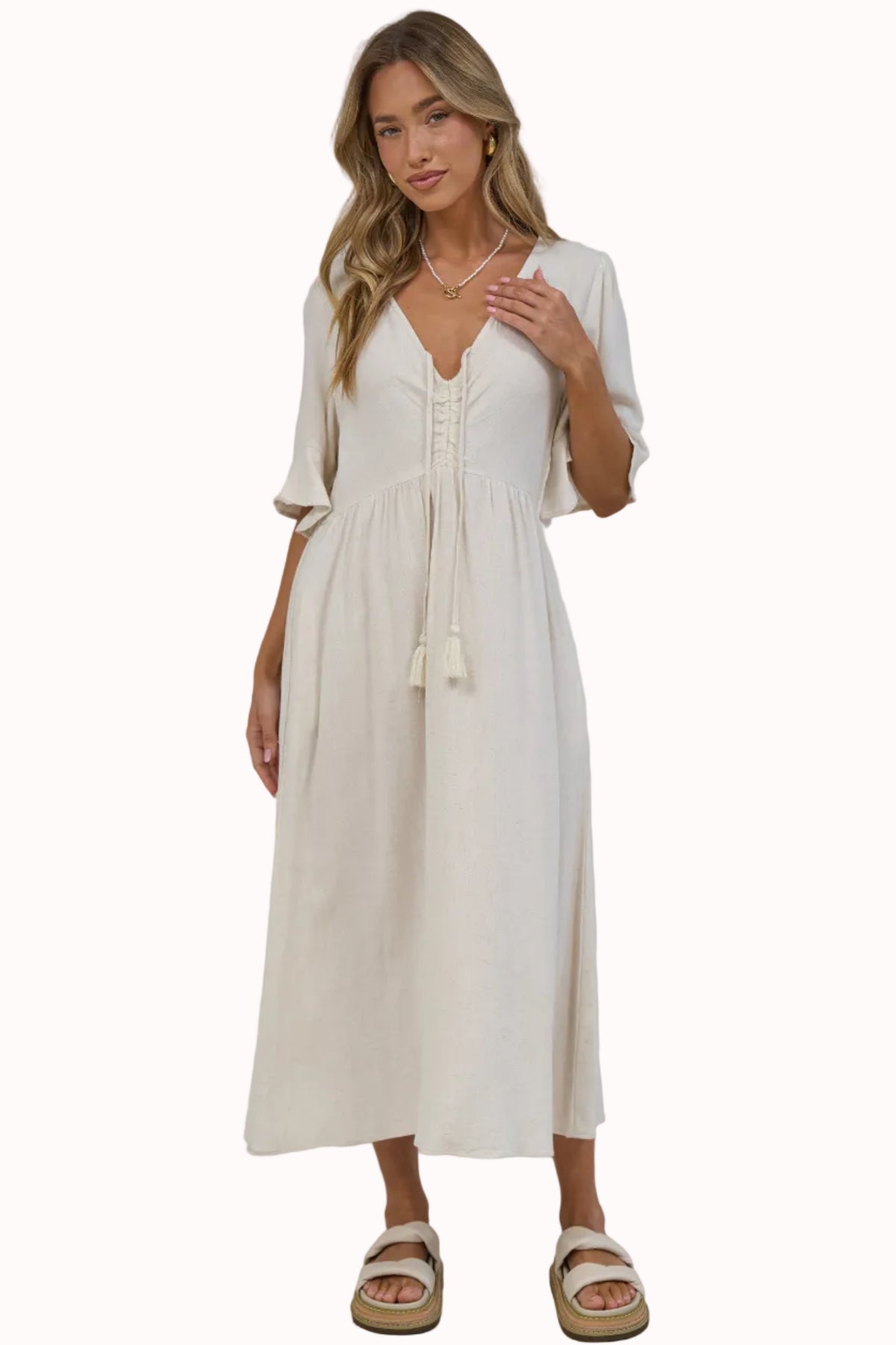 Victoria Midi Dress - V Neck Flutter Sleeve A Line Dress with Pockets in Beige