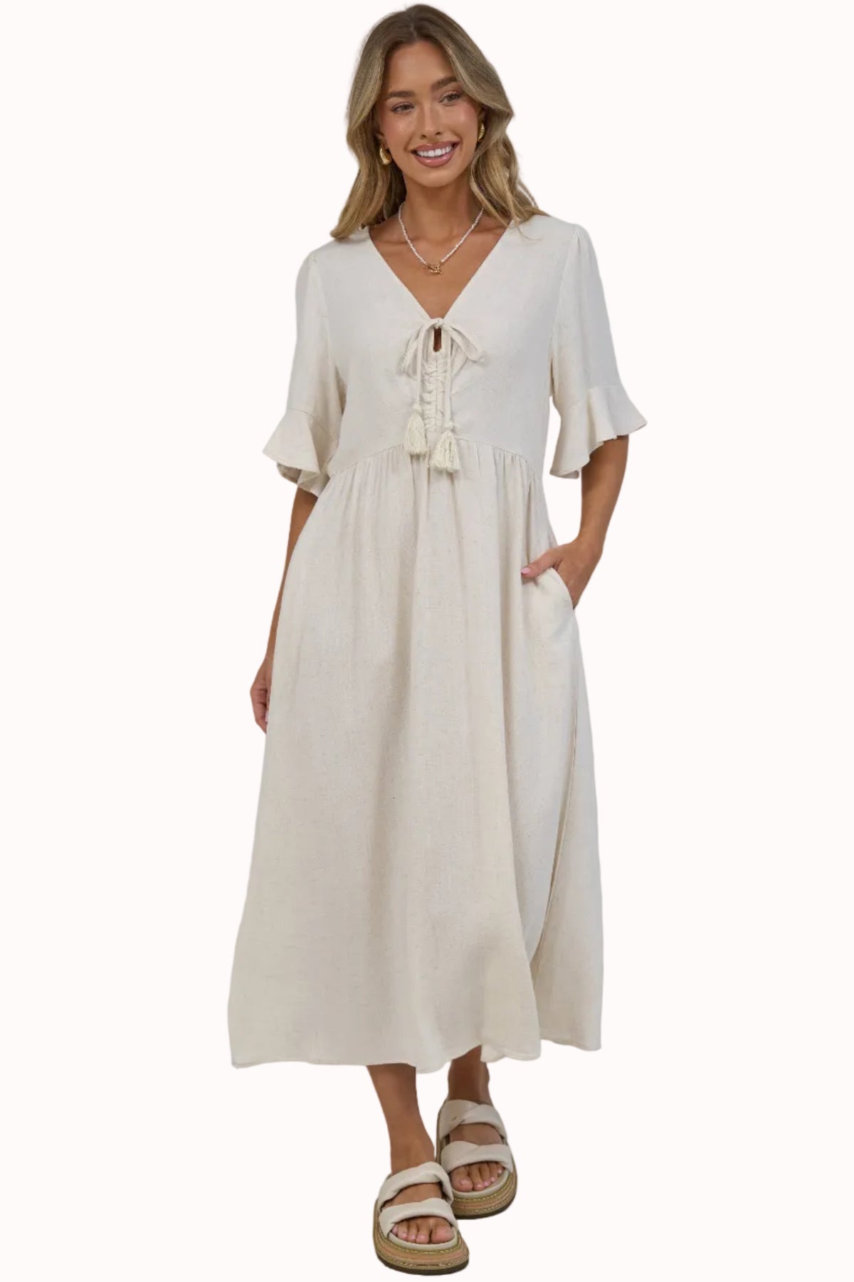 Victoria Midi Dress - V Neck Flutter Sleeve A Line Dress with Pockets in Beige