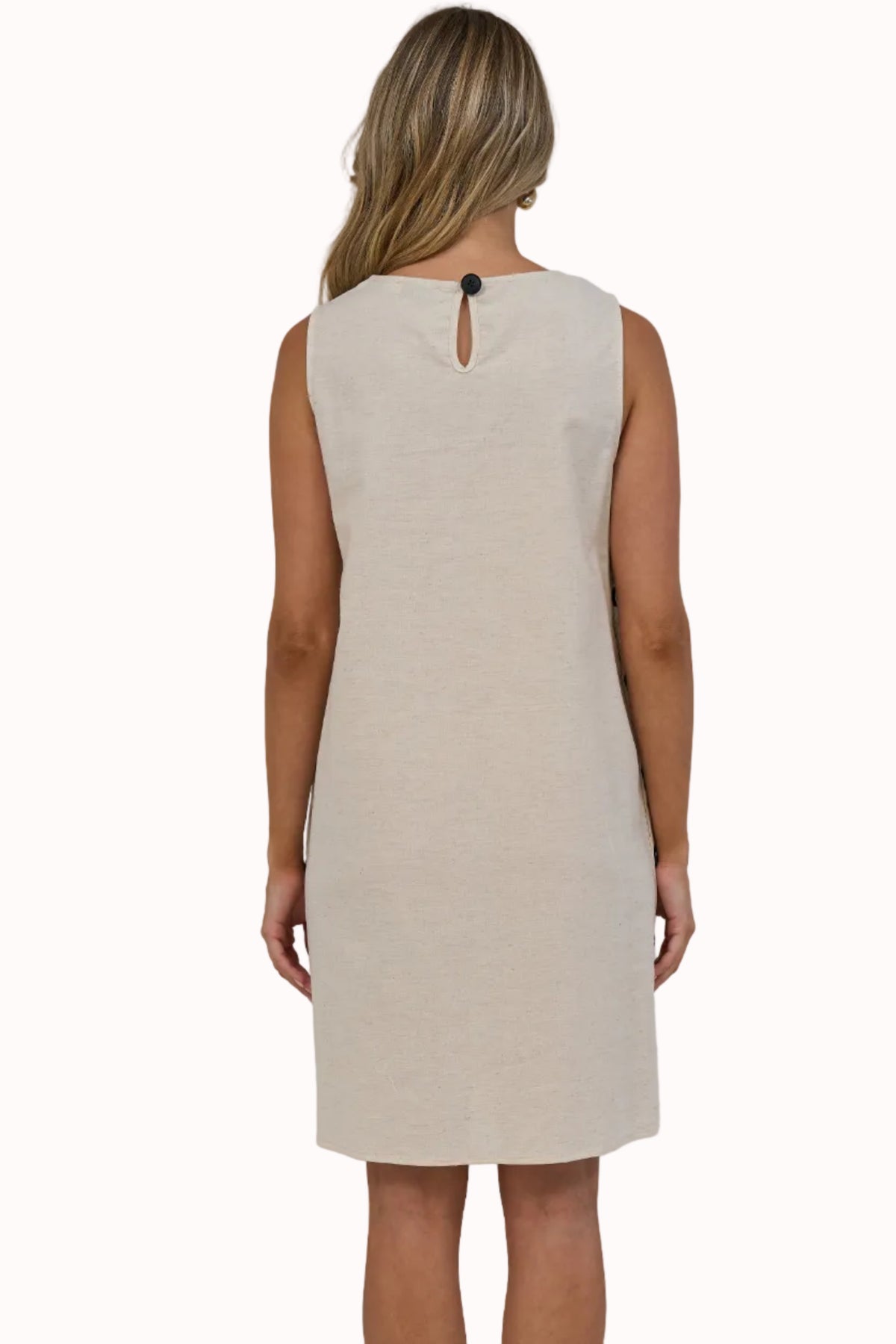 Bonny Mini Dress - Sleeveless Shift Dress with Large Button Detailed Side Seams in Beige