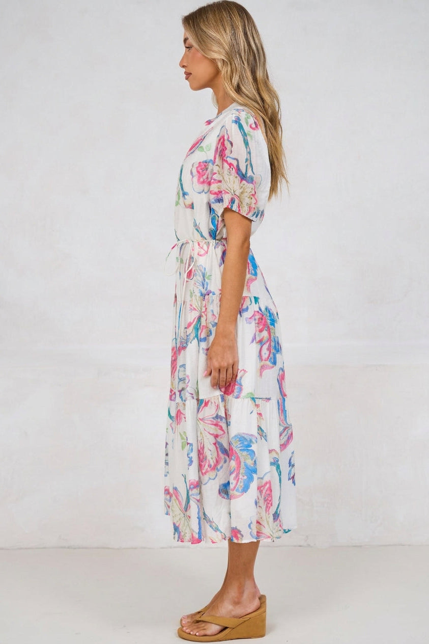 Andrea Midi Dress - Tiered Mandarin Collar Shirt Dress with Belt in Lazuli Print