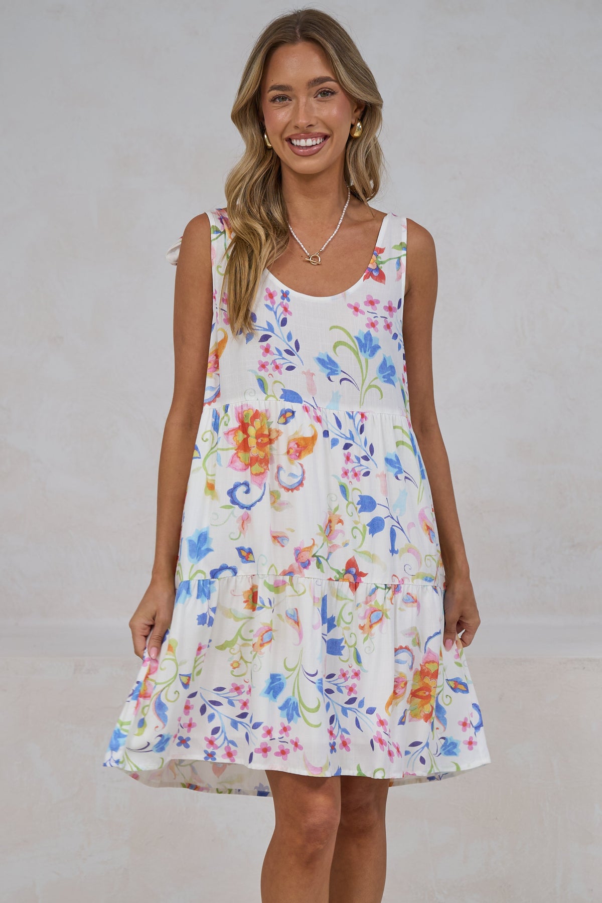 Byetta Mini Dress - Tie Shoulder Strap Sun Dress with Pockets in Rubie Print