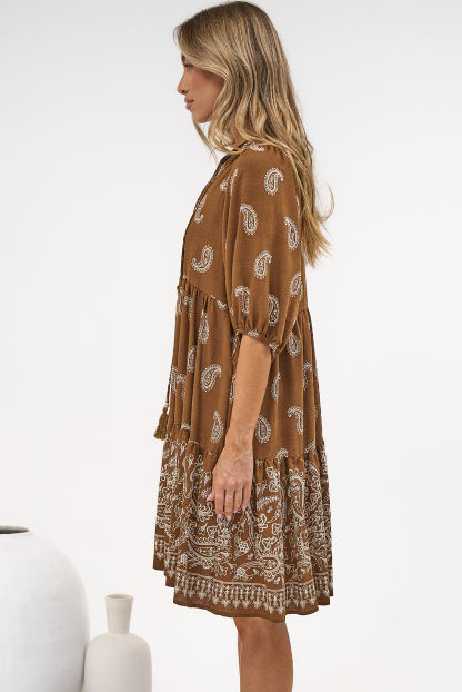 Mirtes Mini Dress - Mandarin Collar Short Sleeve with Tie Smock Dress in Cleo Print Brown