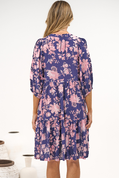 Marah Mini Dress - Mandarin Collar Short Sleeve with Tie Smock Dress in Hollis Print Navy