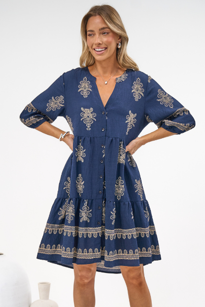Sorrento Mini Dress - V-Neck Shift Dress with Balloon Sleeves in Mariposa Print