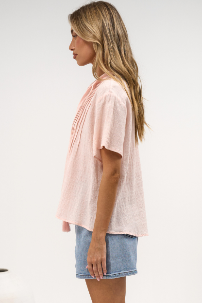 Havana Blouse - Pintuck Button Down Top with Flutter Sleeves and Neck Tie in Pink