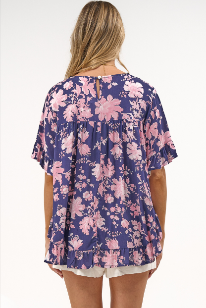 Lyra Blouse - Frill Detailed High Low Relaxed Pull Over Blouse in Hollis Print Navy