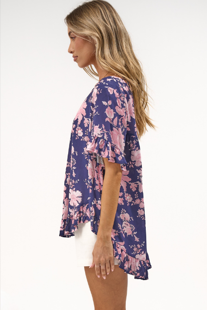 Lyra Blouse - Frill Detailed High Low Relaxed Pull Over Blouse in Hollis Print Navy