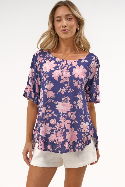 Lyra Blouse - Frill Detailed High Low Relaxed Pull Over Blouse in Hollis Print Navy