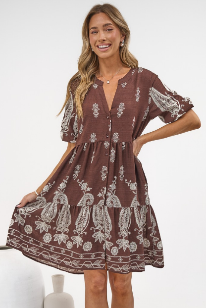 Sorrento Mini Dress - V-Neck Shift Dress with Balloon Sleeves in Houston Print