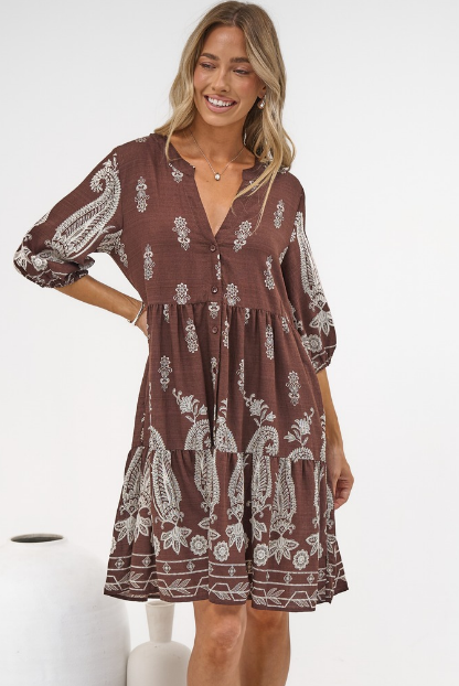 Sorrento Mini Dress - V-Neck Shift Dress with Balloon Sleeves in Houston Print