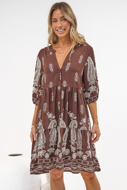 Sorrento Mini Dress - V-Neck Shift Dress with Balloon Sleeves in Houston Print