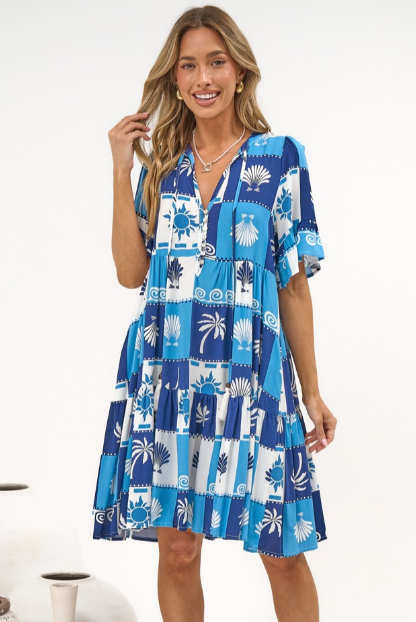 Abilia Mini Dress - Mandarin Collar Smock Dress in Serena Print Blue