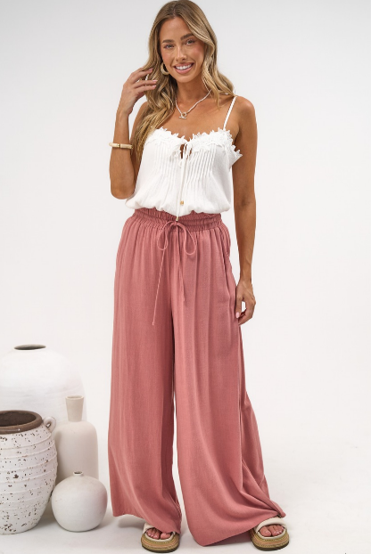 Anastasia Pants - High Waisted Wide Leg Linen Pants In Guava