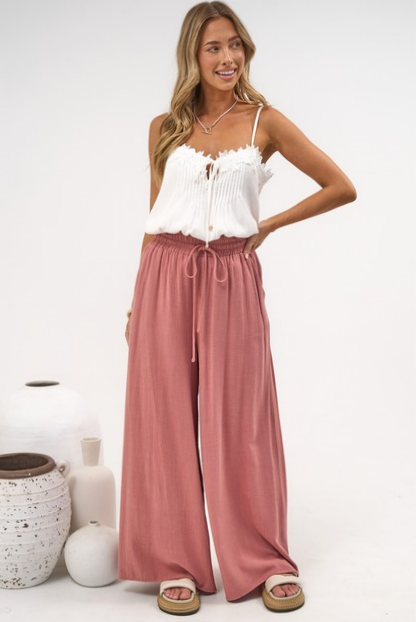Anastasia Pants - High Waisted Wide Leg Linen Pants In Guava