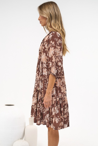 Marah Mini Dress - Mandarin Collar Short Sleeve with Tie Smock Dress in Hollis Print Brown