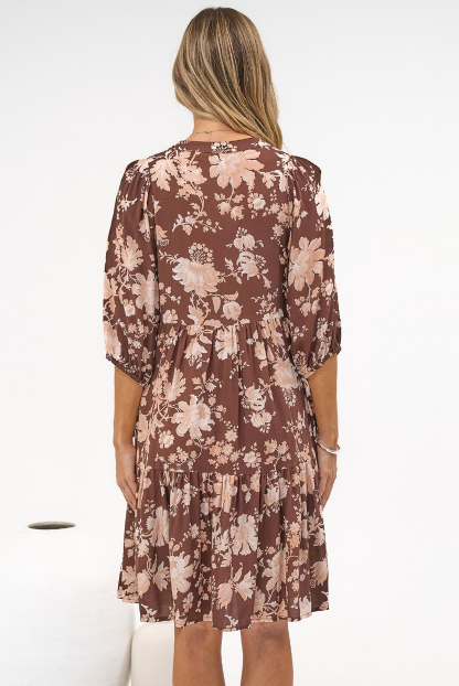 Marah Mini Dress - Mandarin Collar Short Sleeve with Tie Smock Dress in Hollis Print Brown