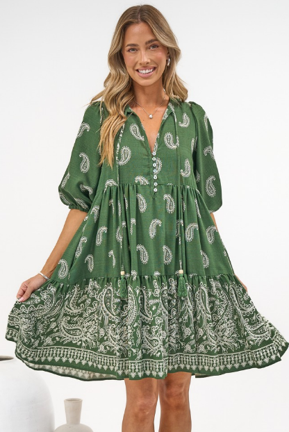 Mirtes Mini Dress - Mandarin Collar Short Sleeve with Tie Smock Dress in Cleo Print Green