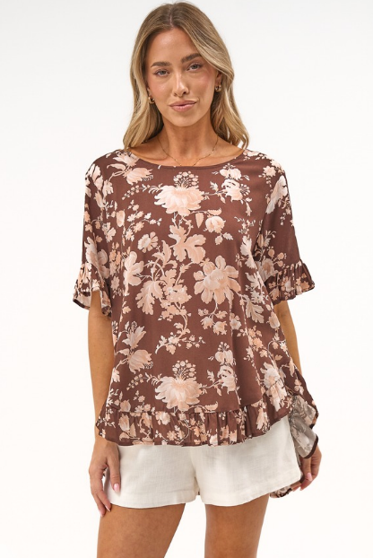 Lyra Blouse - Frill Detailed High Low Relaxed Pull Over Blouse in Hollis Print Brown