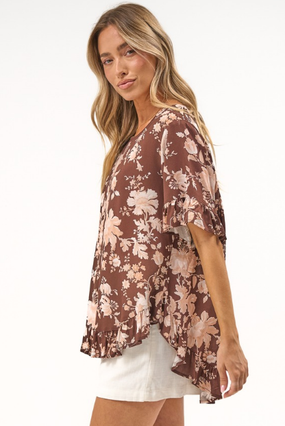 Lyra Blouse - Frill Detailed High Low Relaxed Pull Over Blouse in Hollis Print Brown