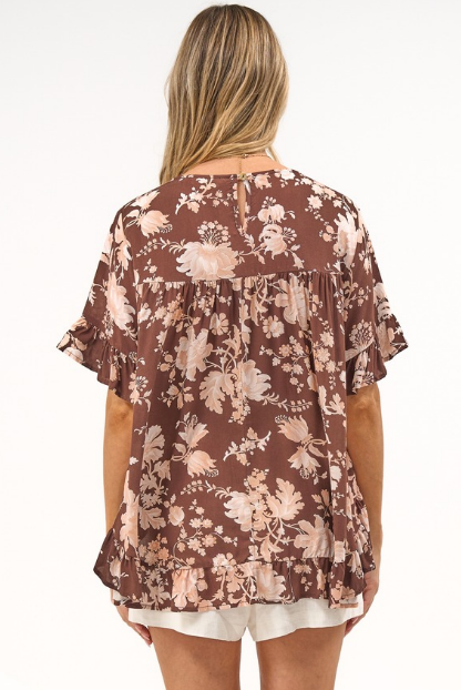 Lyra Blouse - Frill Detailed High Low Relaxed Pull Over Blouse in Hollis Print Brown