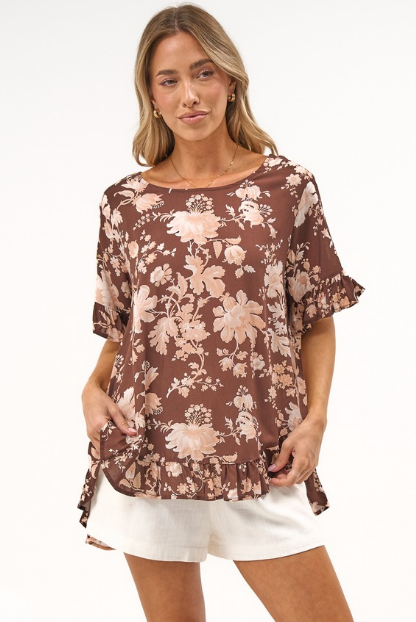Lyra Blouse - Frill Detailed High Low Relaxed Pull Over Blouse in Hollis Print Brown