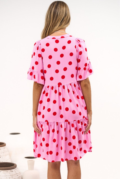 Abilia Mini Dress - Mandarin Collar Smock Dress in Connie Print Pink/Red