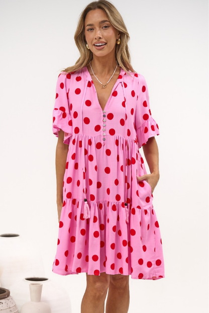 Abilia Mini Dress - Mandarin Collar Smock Dress in Connie Print Pink/Red