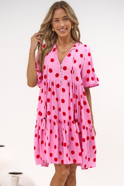Abilia Mini Dress - Mandarin Collar Smock Dress in Connie Print Pink/Red