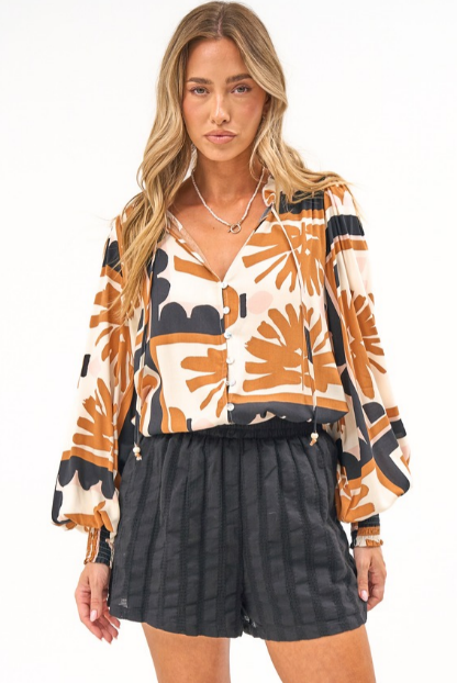 Violet Blouse - Frill Collar Button Down Balloon Sleeve Blouse In Zuni Print