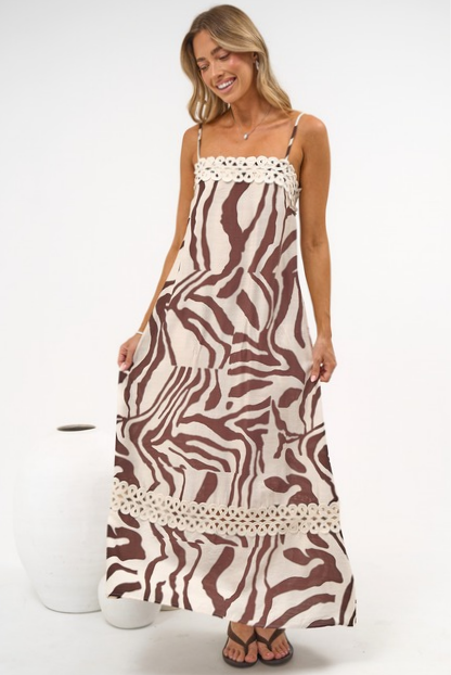 Marcella Maxi Dress - Spaghetti Strap Sun Dress with Lace Trims in Mustique Print