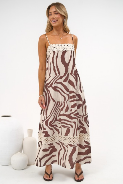 Marcella Maxi Dress - Spaghetti Strap Sun Dress with Lace Trims in Mustique Print