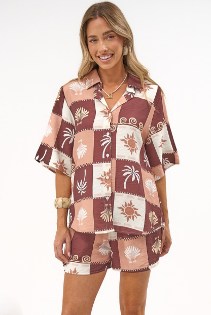 Mirian Button Up Shirt And Shorts Set - Serena Print Tan